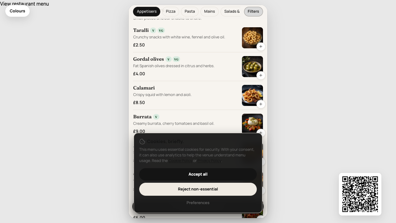 Guest menu dish list with add buttons for building a selection