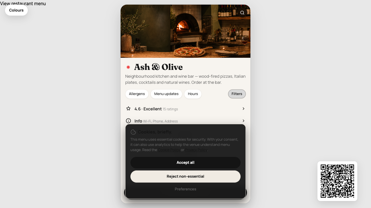 Guest menu hub with ratings, Wi-Fi info, filters, and section shortcuts