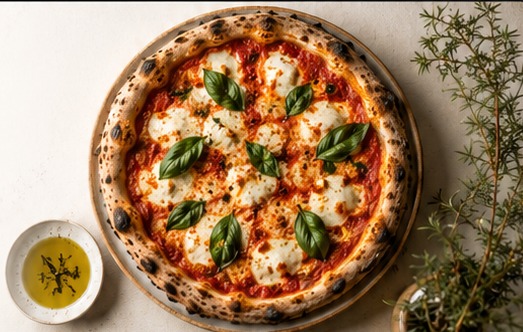 Stone baked margherita pizza with basil on a warm cream table